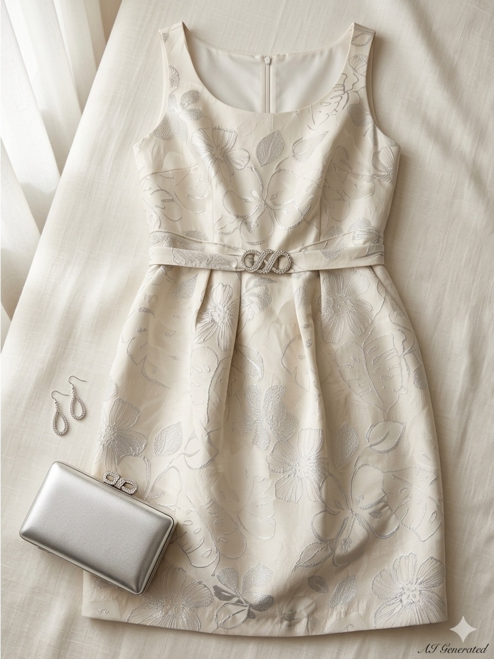 Dressbarn Collection Womens 12 Champagne Silver Floral Jacquard Cocktail Dress